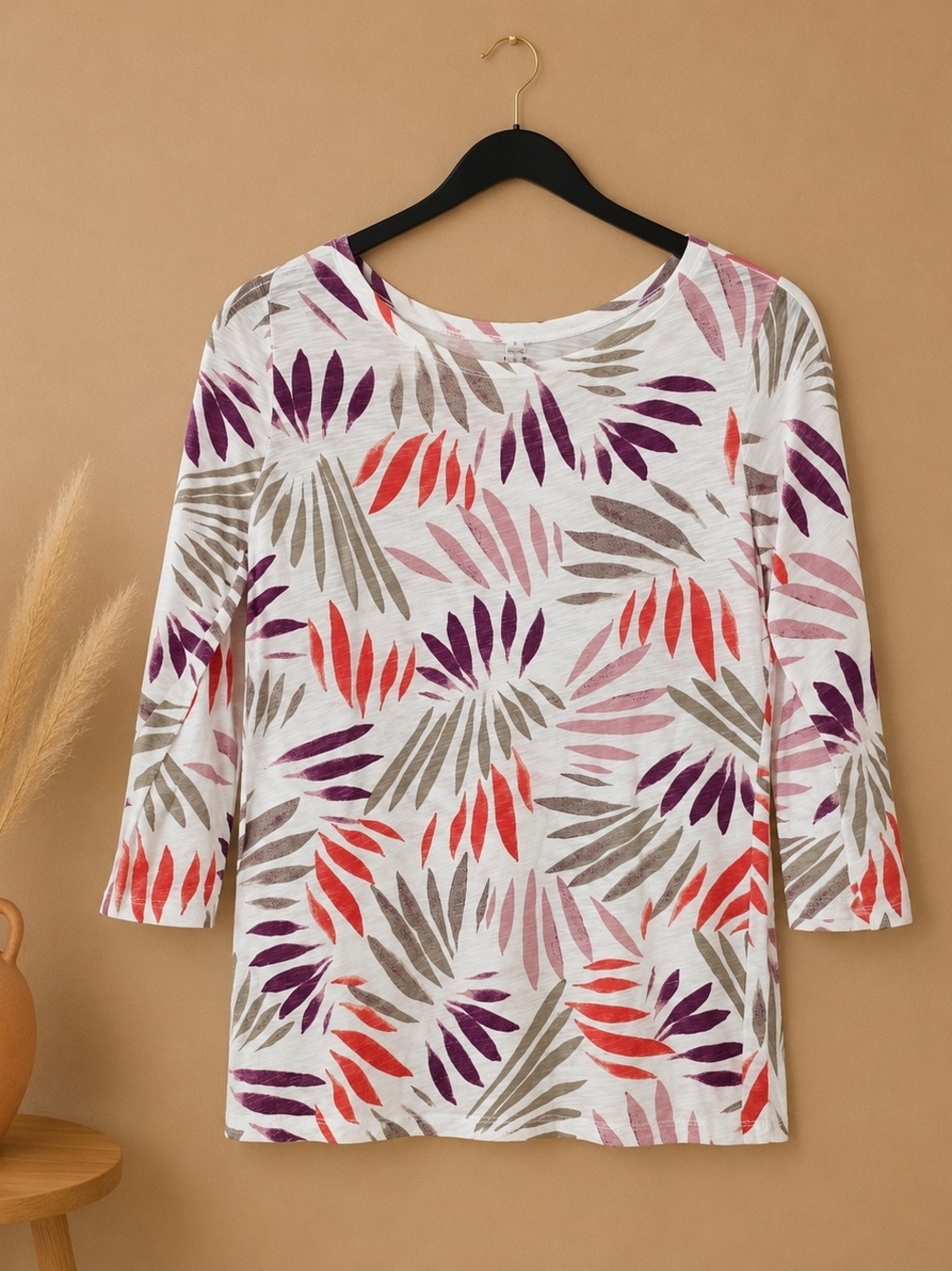 Ann Taylor White Long-Sleeve Tee with Coral, Purple & Taupe Leaf Print
